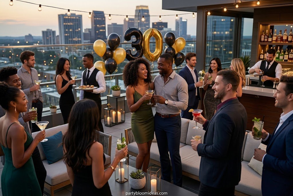 Rooftop cocktail party with city views, signature drinks, and elegant birthday décor 30th Birthday Party Ideas