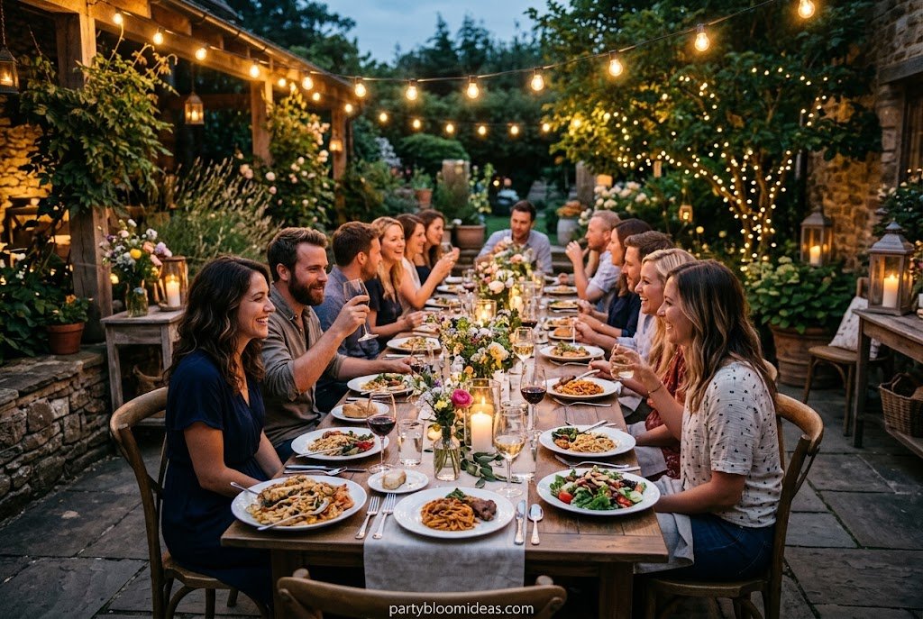 Outdoor dinner party under string lights with candles and a beautifully decorated dining table Elegant Dinner Party Ideas