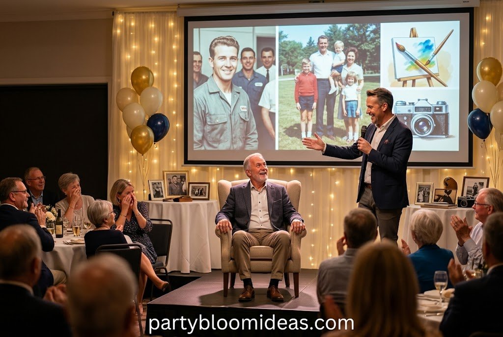 Retirement tribute video playing on a projector while guests watch emotional career memories