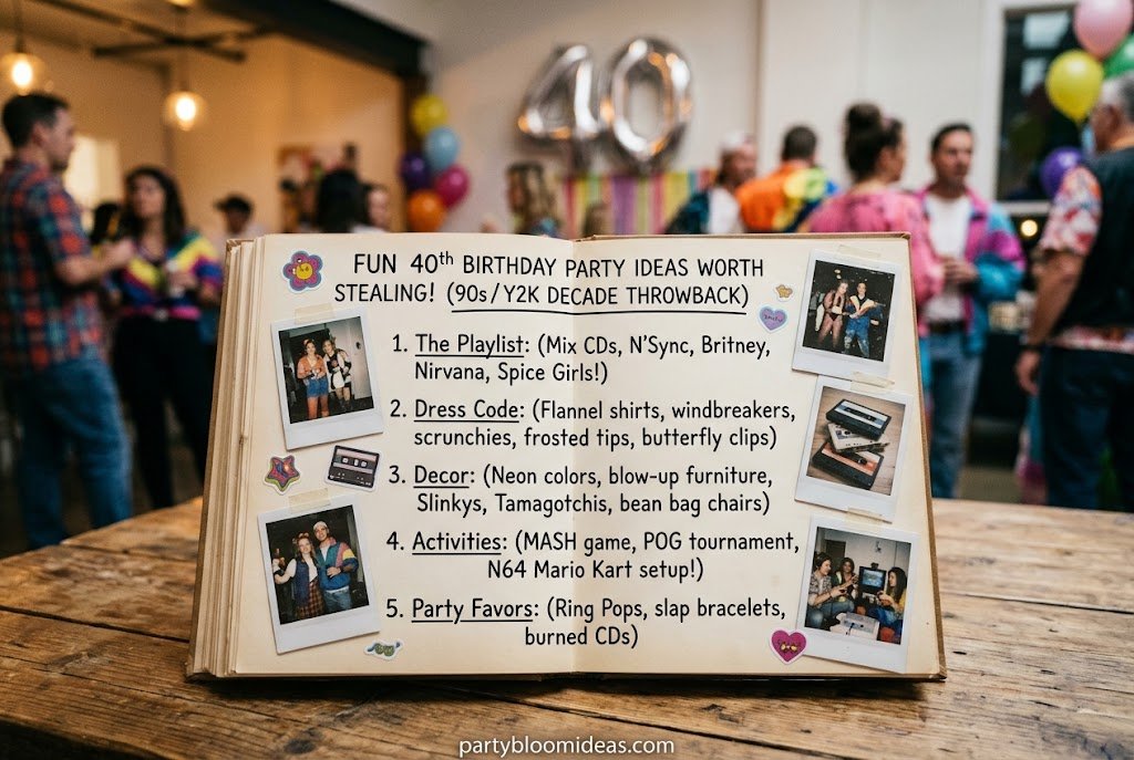 Retro decade-themed 40th birthday party with nostalgic decorations and music