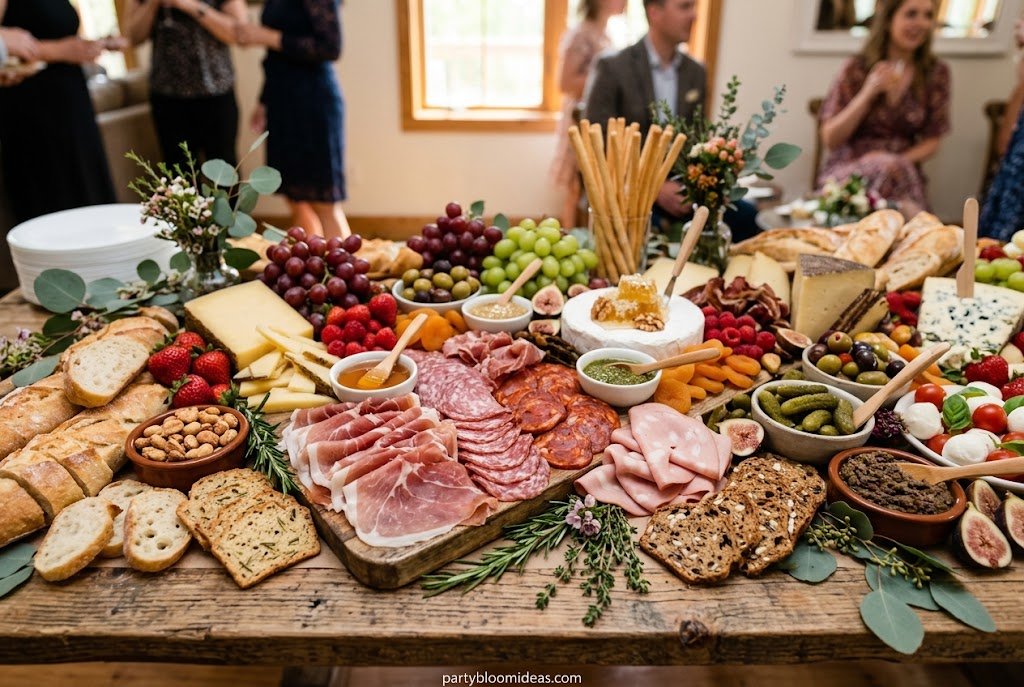 Savory charcuterie grazing table with salami, prosciutto, artisan cheeses, olives, crackers, and grapes.