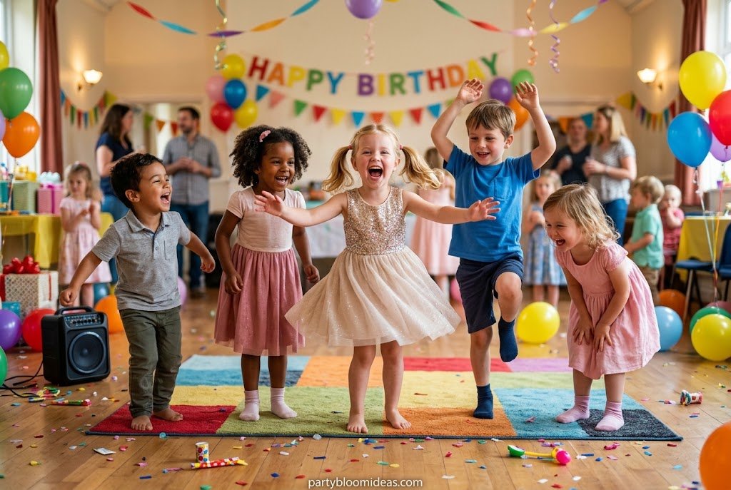 Children playing freeze dance game at a birthday birthday celebration
