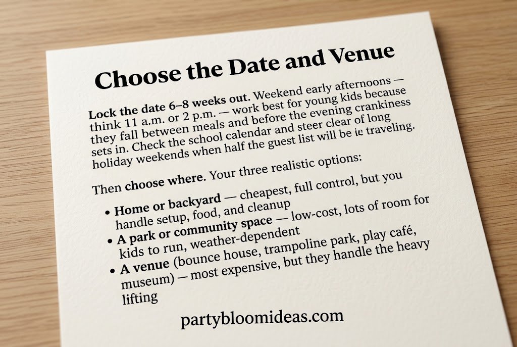Family choosing a birthday party date and comparing home, park, and venue options for kids celebration