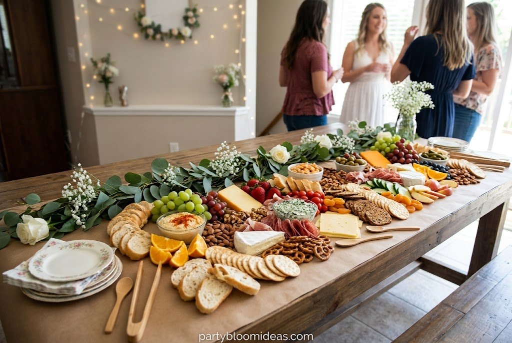 Affordable bridal shower grazing table with cheese, fruit, crackers, and charcuterie display.