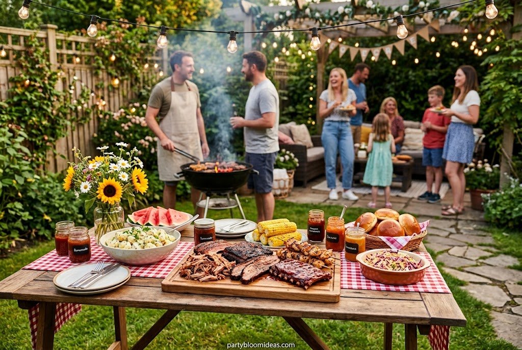 Classic American BBQ party featuring grilled food, picnic tables, and backyard décor.