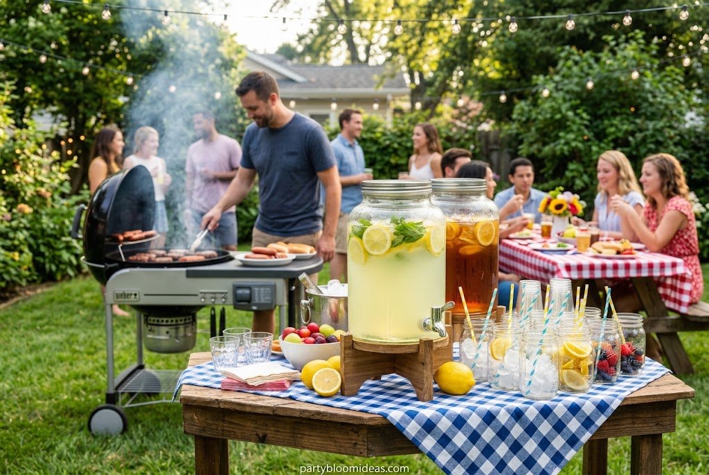 DIY summer beverage station with lemonade dispenser, fresh fruit, and ice buckets.