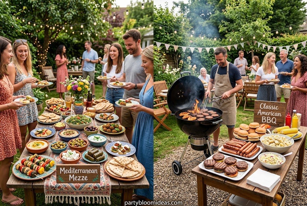 Mediterranean mezze party featuring hummus, pita, olives, and elegant table styling.