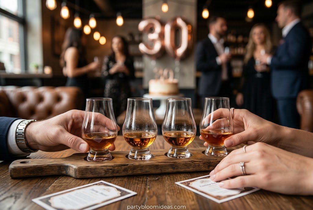 Whiskey and bourbon tasting setup for a classy 30th birthday celebration.