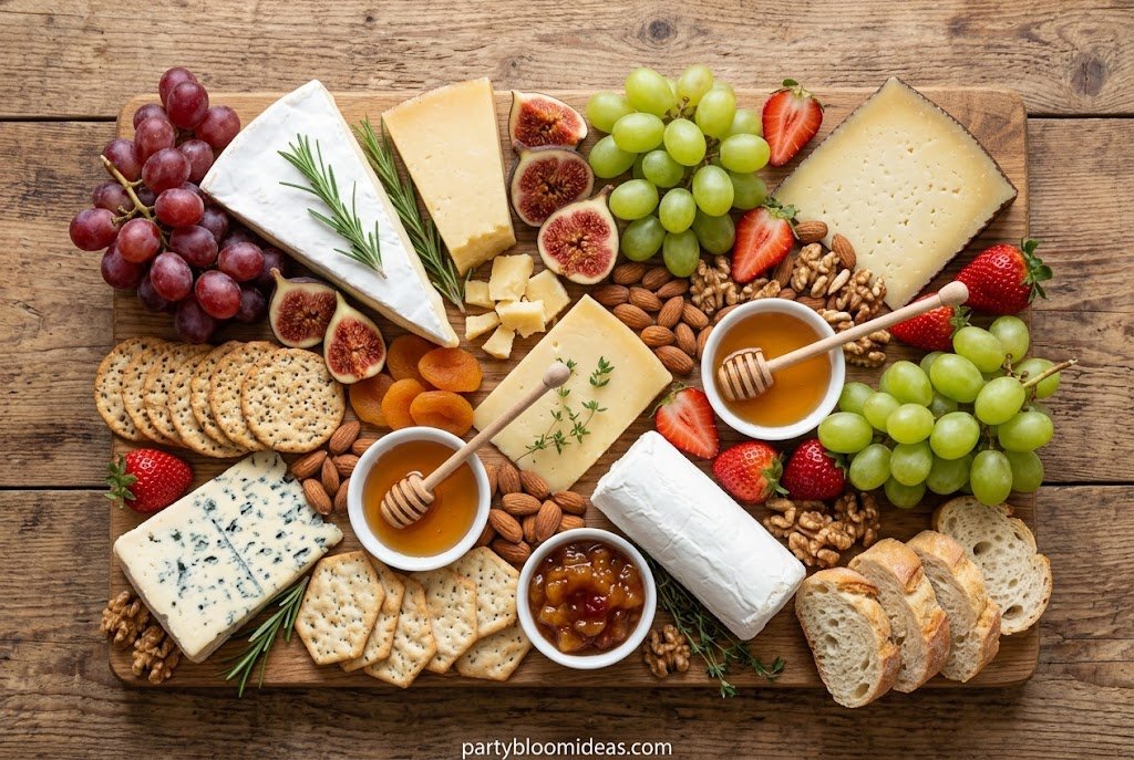 Elegant cheese board featuring brie, cheddar, gouda, goat cheese, grapes, crackers, honey, and nuts.