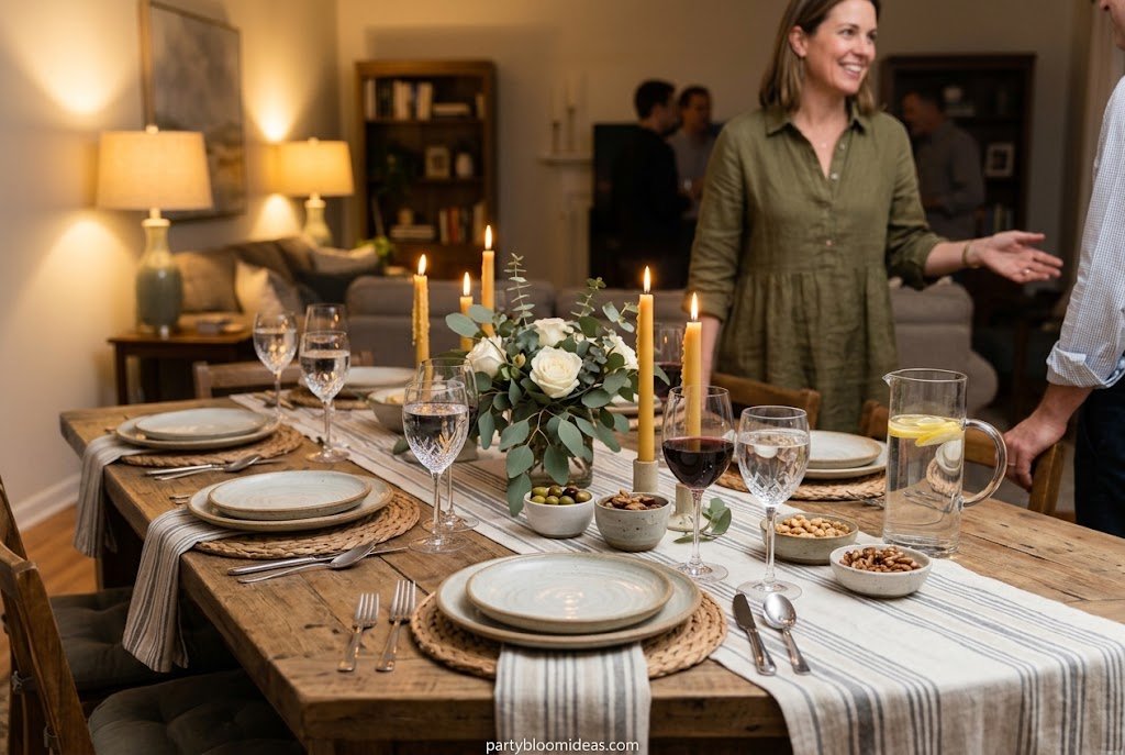Elegant dining table decorated with candles, linen napkins, chargers, and a low floral centerpiece