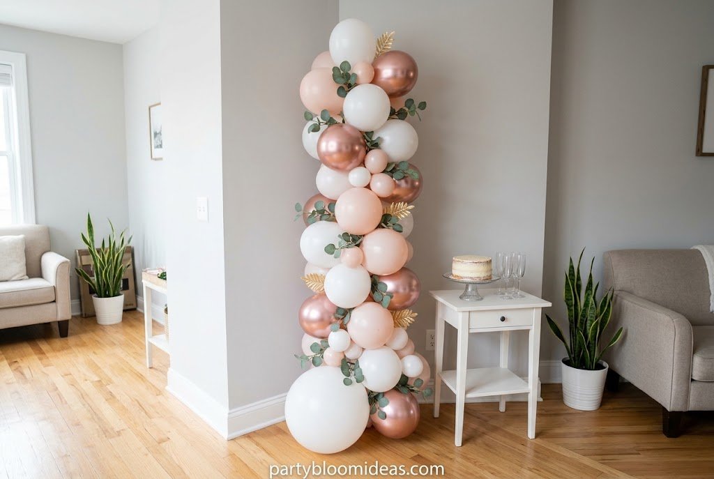 Colorful vertical balloon column placed in the corner of a small apartment for a birthday celebration.