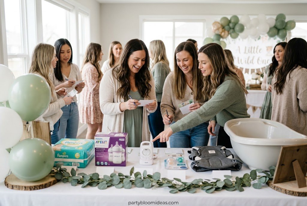 Baby products like diapers, wipes, formula, and pacifiers arranged on a table for a baby shower price guessing game.