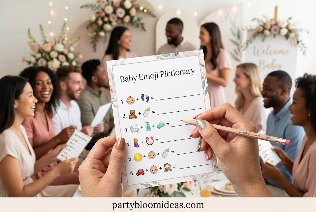 Printable baby emoji pictionary game sheet with guests solving baby-themed emoji puzzles.