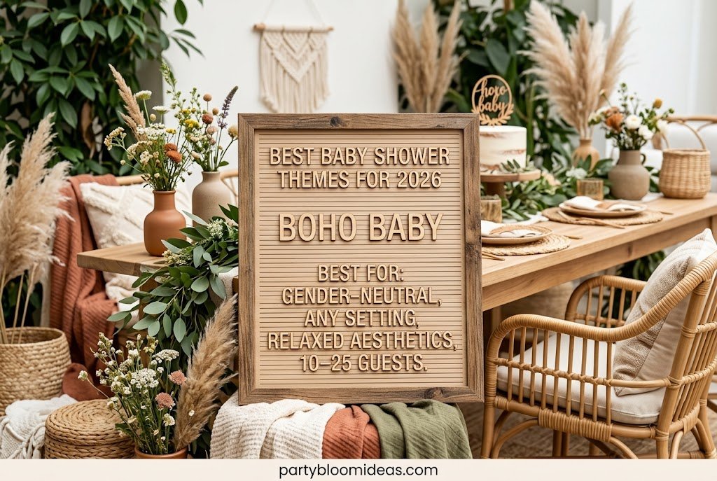 Boho baby shower decor with pampas grass, macrame backdrop, and neutral colors