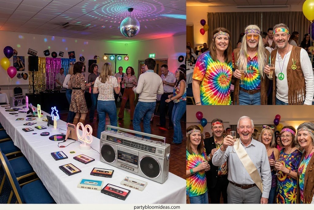 Through the decades retirement party with vintage decorations and nostalgic photo displays