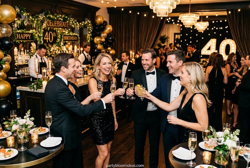 Sophisticated cocktail party with candles, signature drinks, and elegant table decor