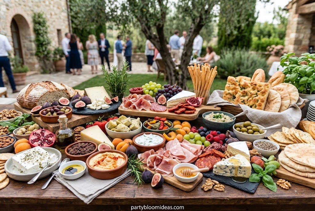 Mediterranean grazing table featuring hummus, pita bread, olives, feta cheese, vegetables, and falafel.