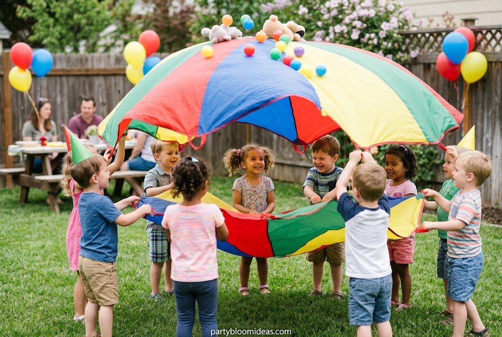 Kids having fun with a colorful parachute game at a birthday party