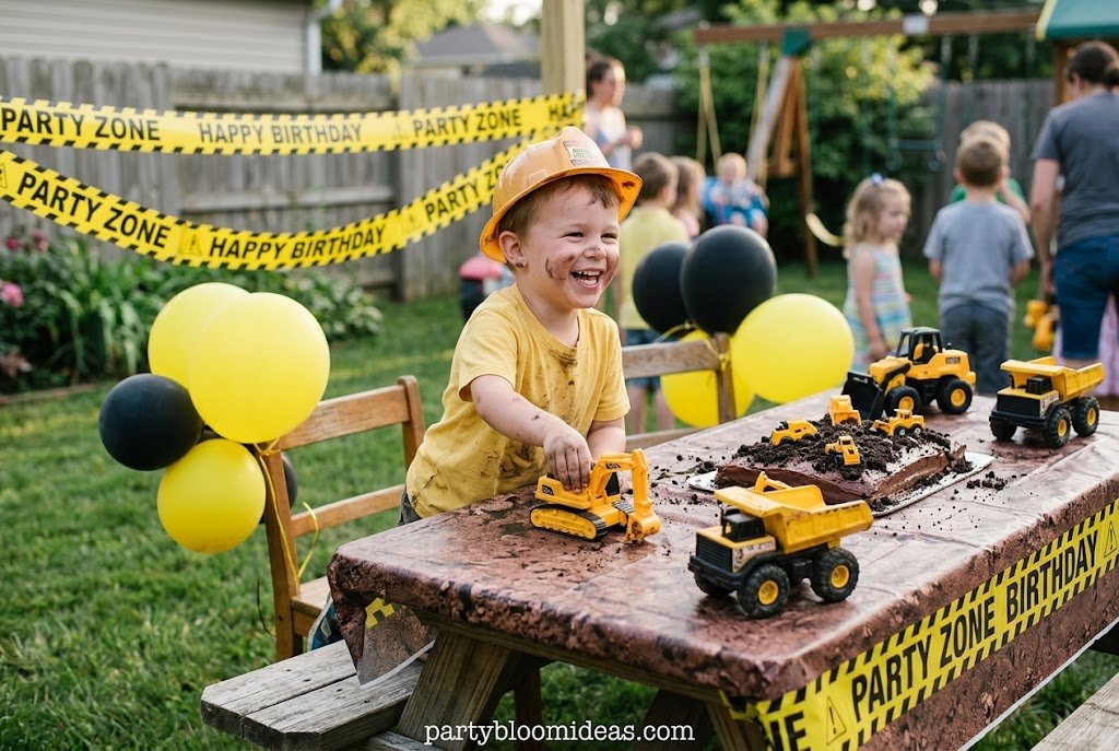 Child choosing a fun birthday party theme with colorful decorations, balloons, and themed party supplies