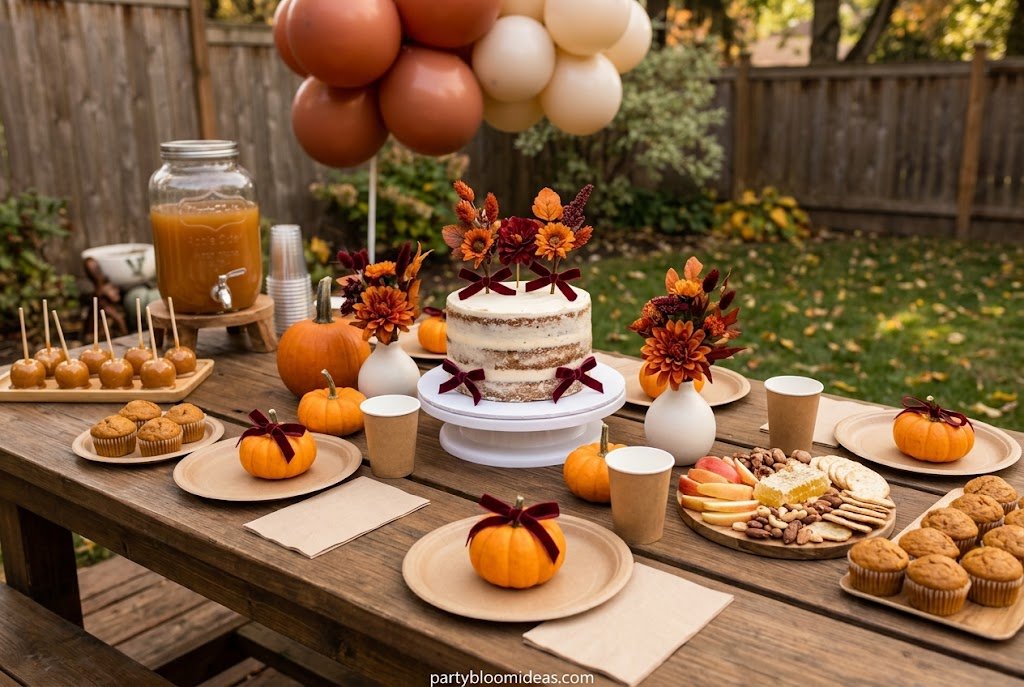 Little Pumpkin fall first birthday party theme with mini pumpkins and autumn decorations