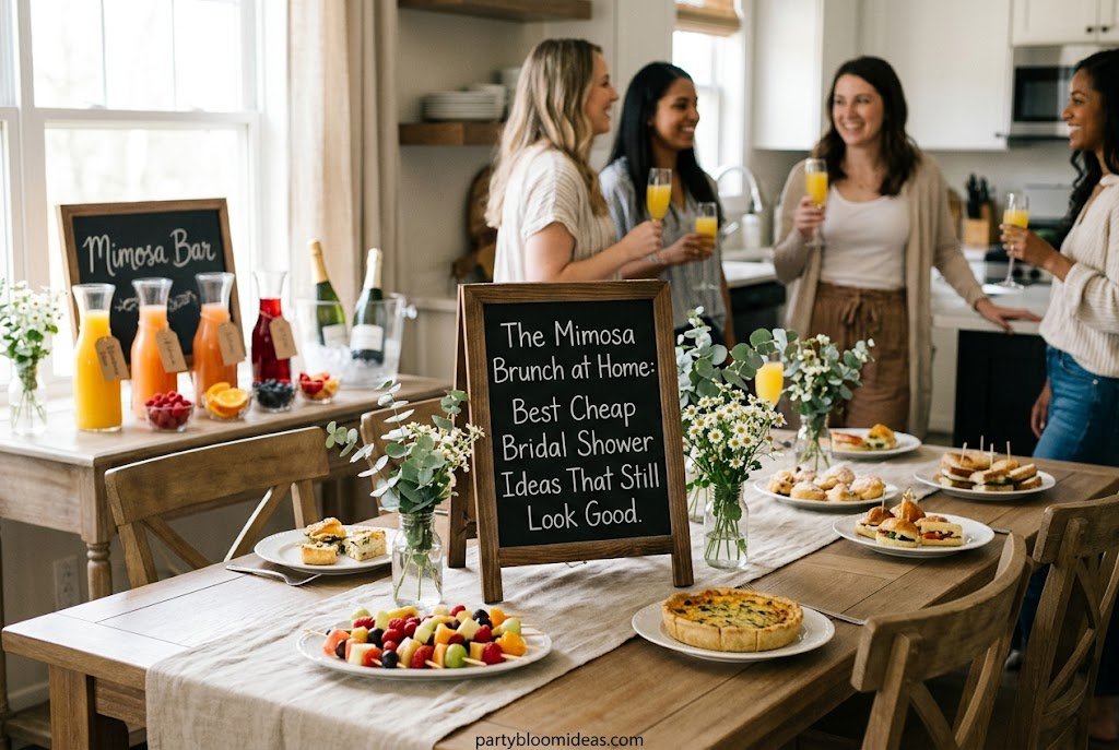 DIY bridal shower mimosa brunch featuring fresh pastries, juice bar, and elegant table setting.
