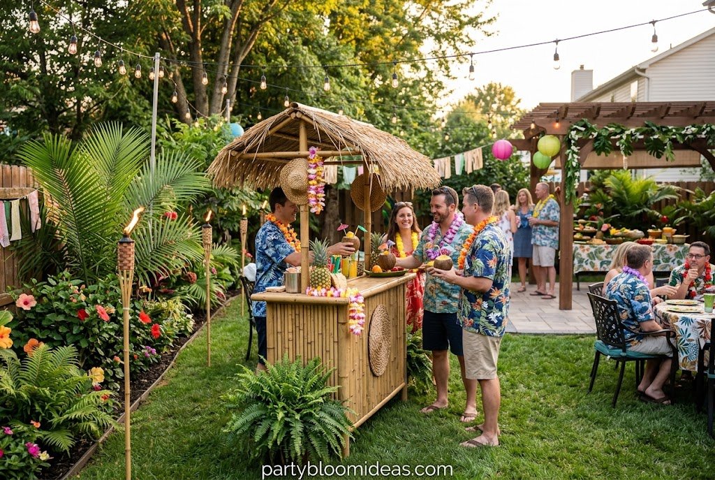 Tropical luau backyard party with tiki décor, palm leaves, and colorful tablescape.
