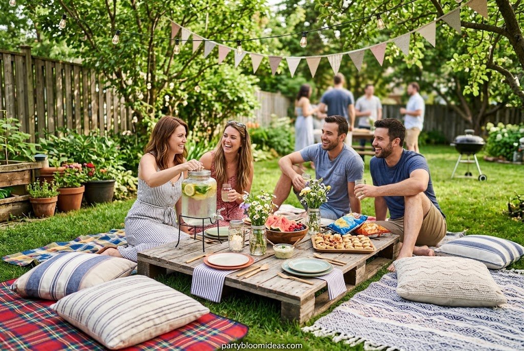 Relaxing backyard picnic with blankets, baskets, sandwiches, and fresh fruit.