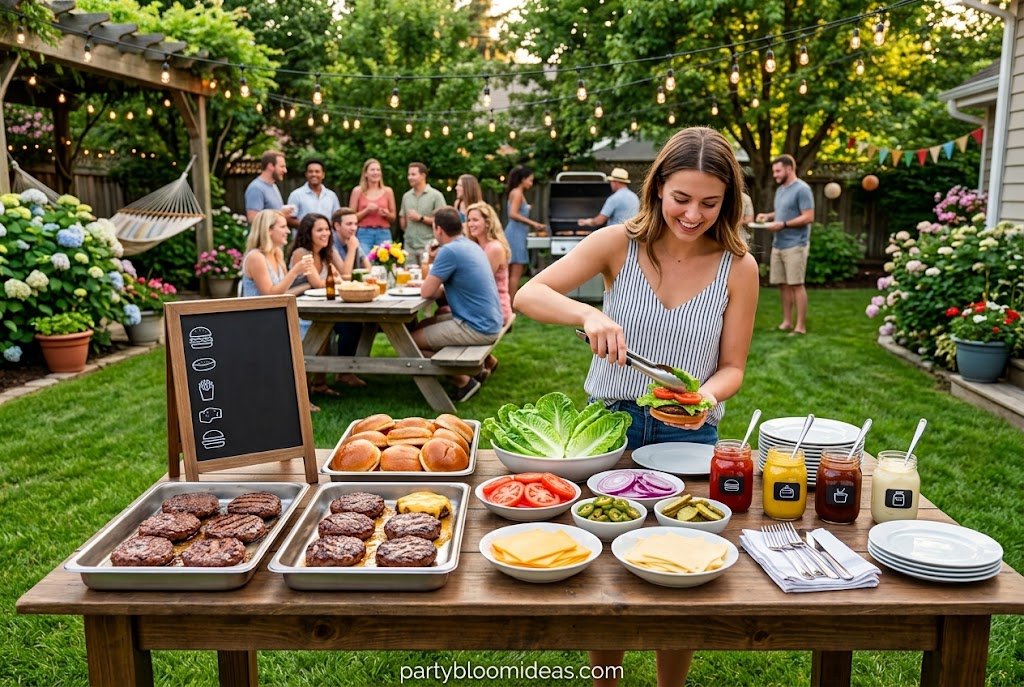 DIY burger bar with gourmet toppings for a fun backyard cookout.