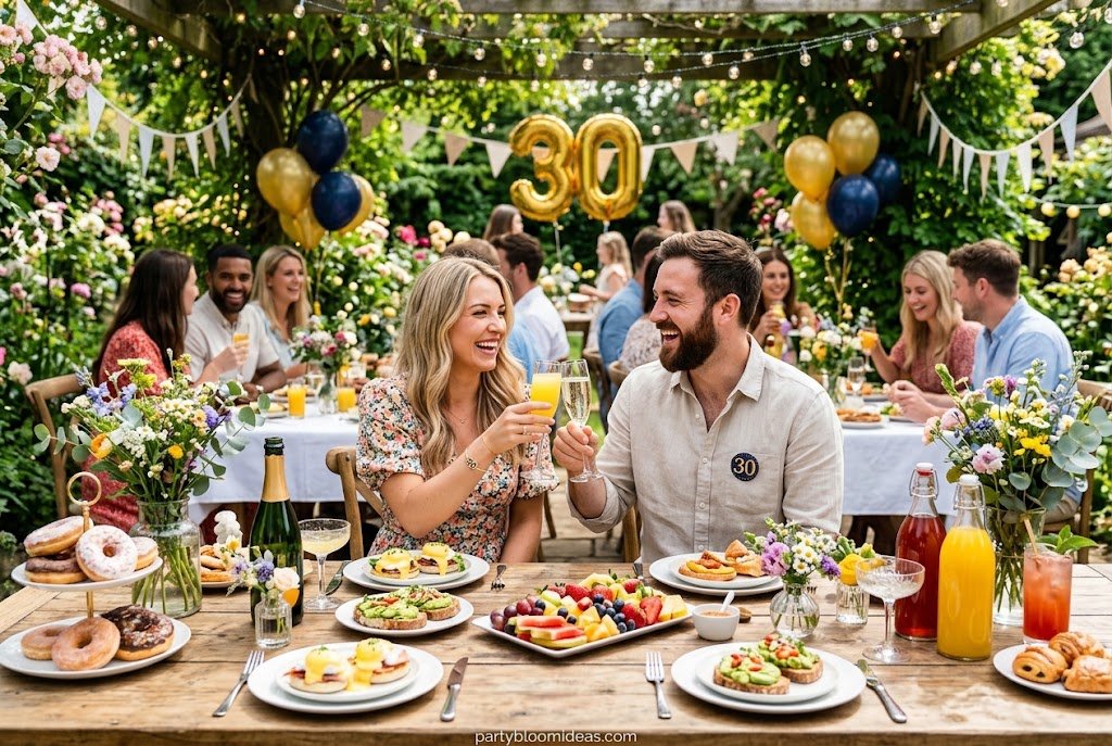 Beautiful garden brunch party with floral décor and mimosa bar for a 30th birthday.