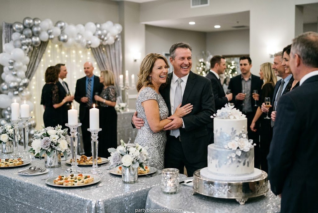 Stunning silver 25th wedding anniversary party decorations and celebration