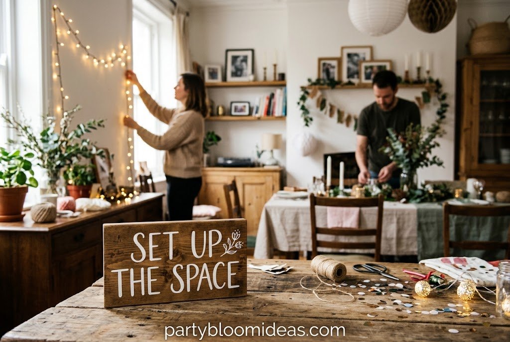 Cozy wine party setup with candles, warm lighting, wine glasses, and a charcuterie board on a coffee table.
