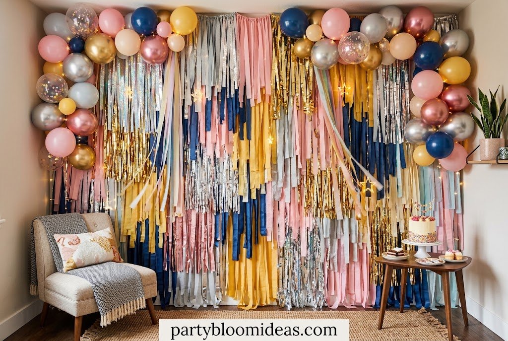 Fringe curtain backdrop with streamers creating a stylish photo wall in a small party space.