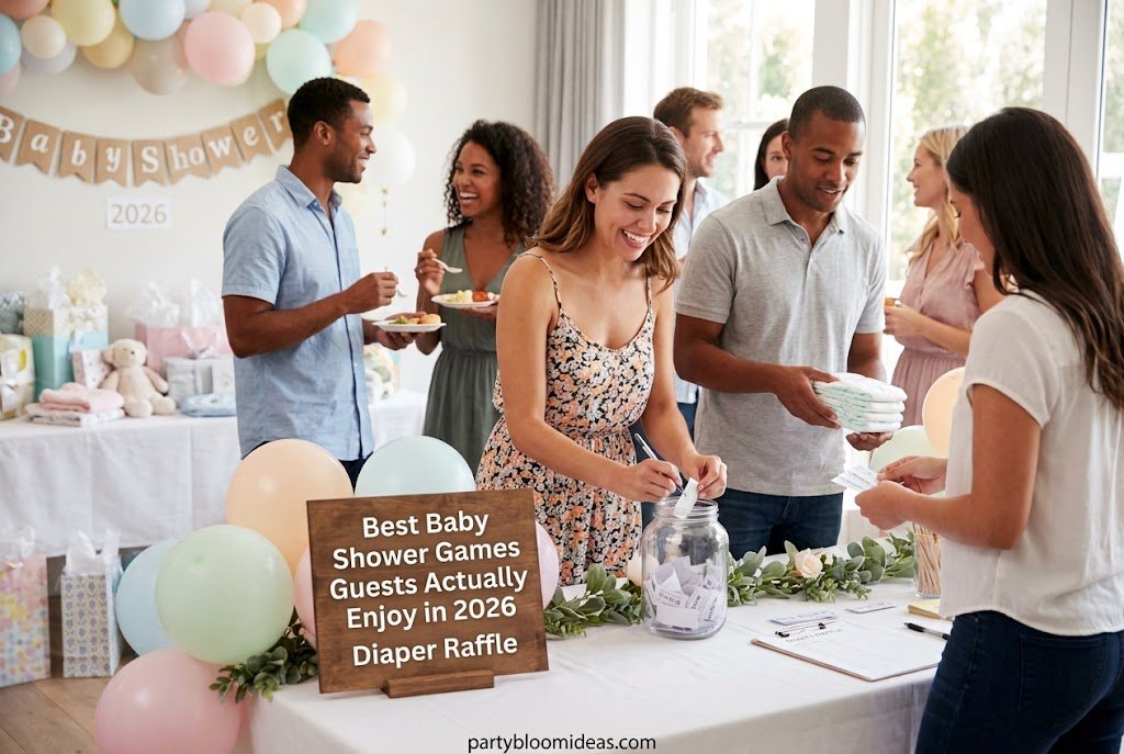 Stack of diaper packs beside a raffle box and prize table at a baby shower.