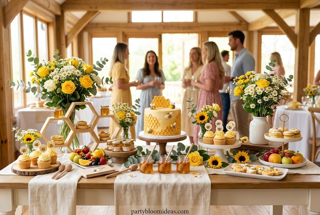 Sweet as Honey baby shower theme with bee-inspired decorations and honey jars