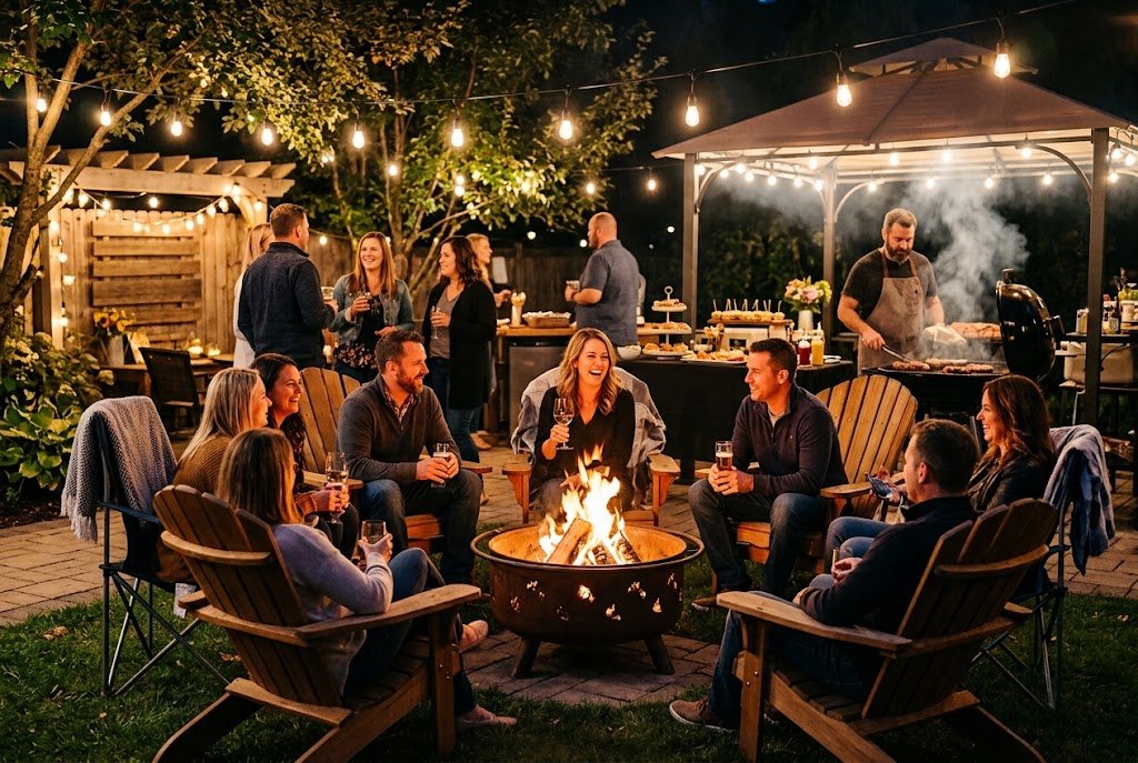 Cozy backyard BBQ and bonfire party with string lights and outdoor seating