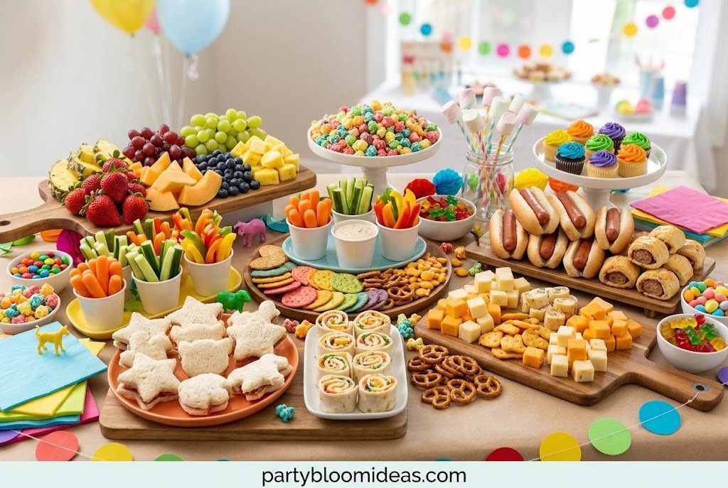 Kids grazing table with cheese cubes, crackers, fruit, popcorn, pretzels, and colorful snacks.