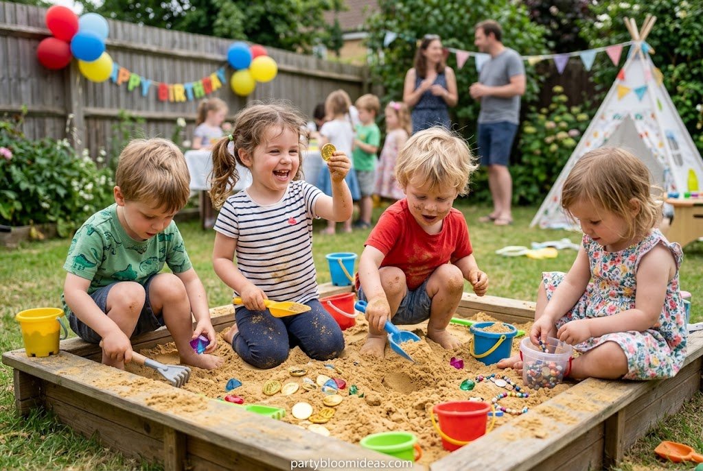 Children searching for hidden treasures in a sensory birthday party game