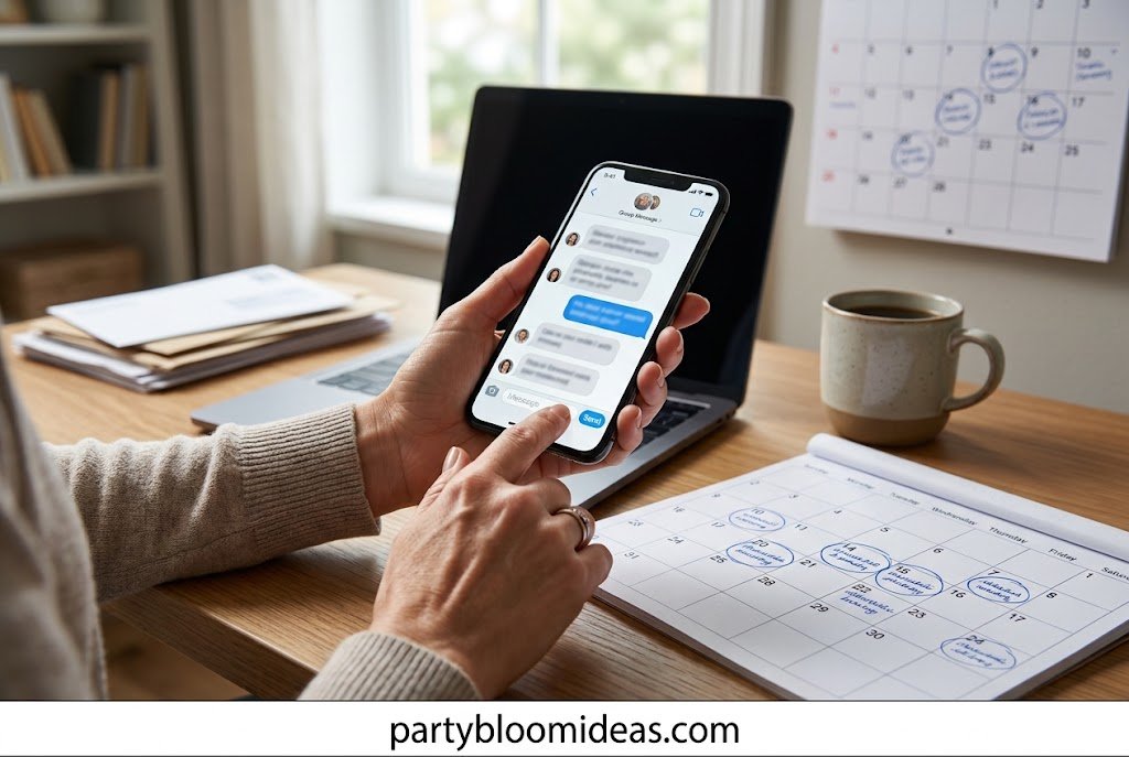 Parent sending digital birthday party invitations on a smartphone while planning a kids birthday celebration