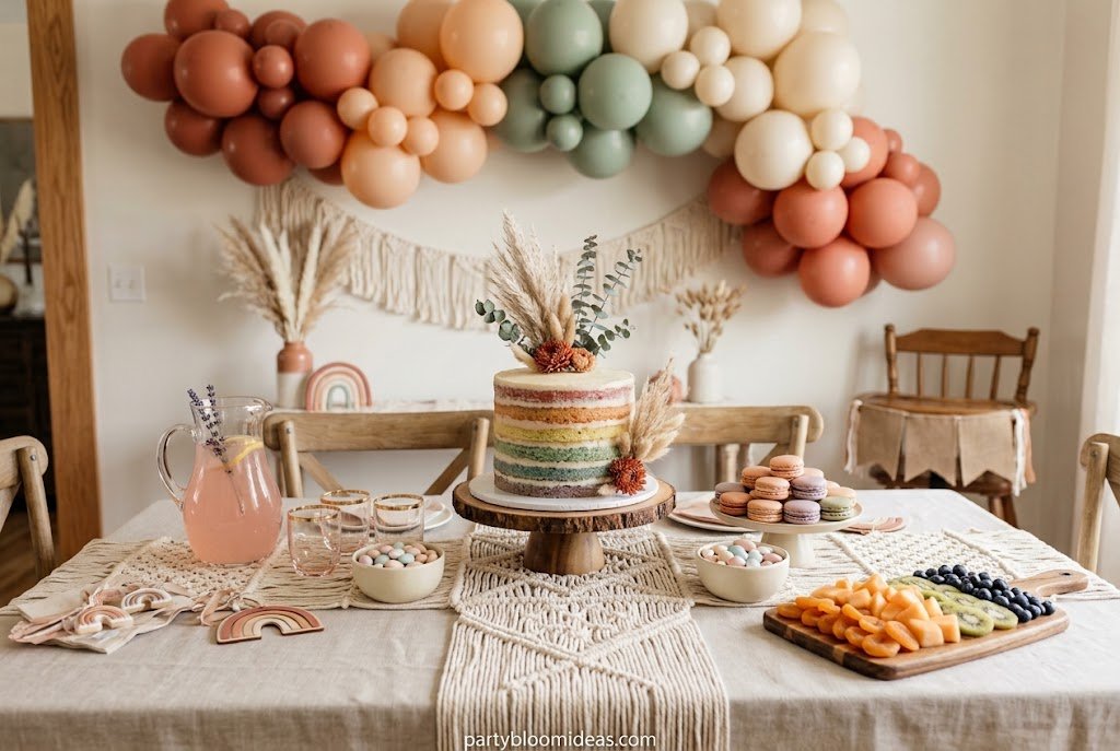 Boho rainbow first birthday party theme with muted colors and macrame decor