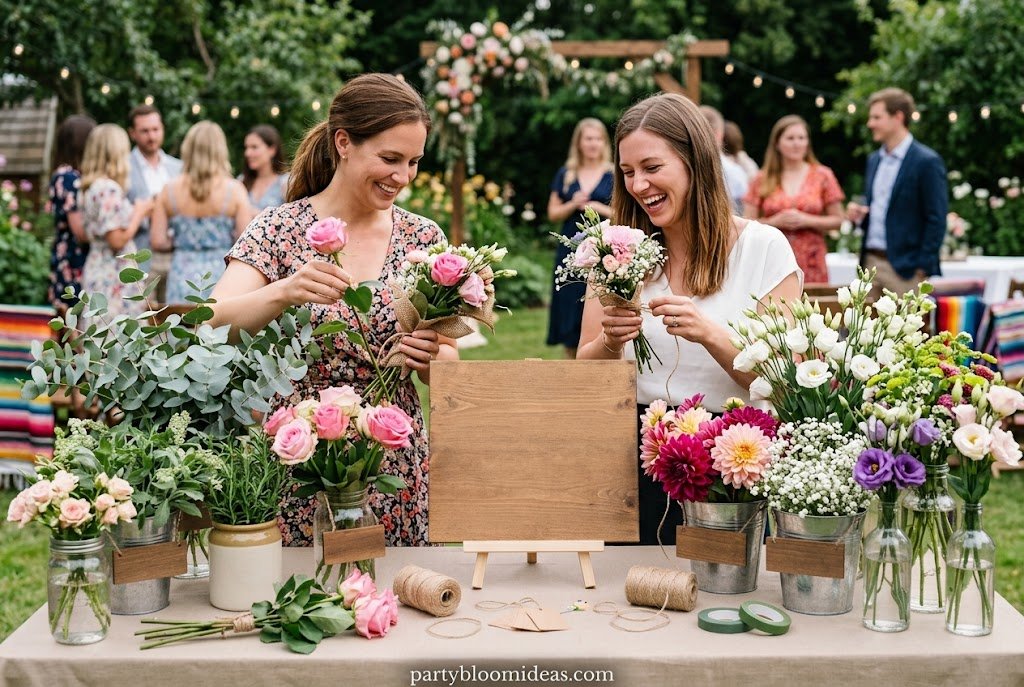 DIY bridal shower flower bar where guests create personalized floral bouquets as party favors.