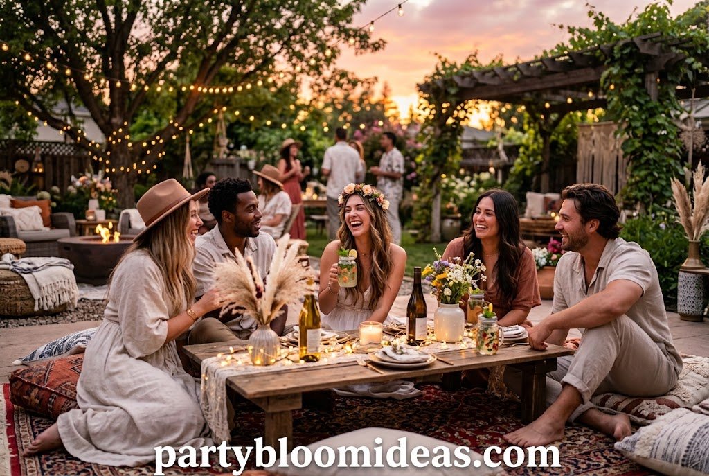 Boho backyard sunset party with pampas grass, candles, and cozy picnic seating.