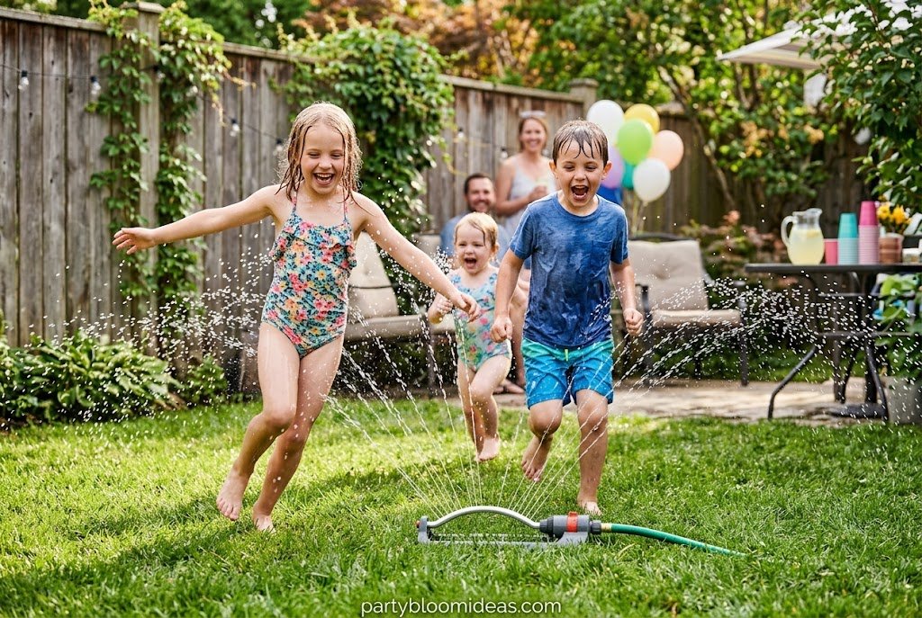 Kids' summer water play party with sprinklers, water balloons, and slip-and-slide.