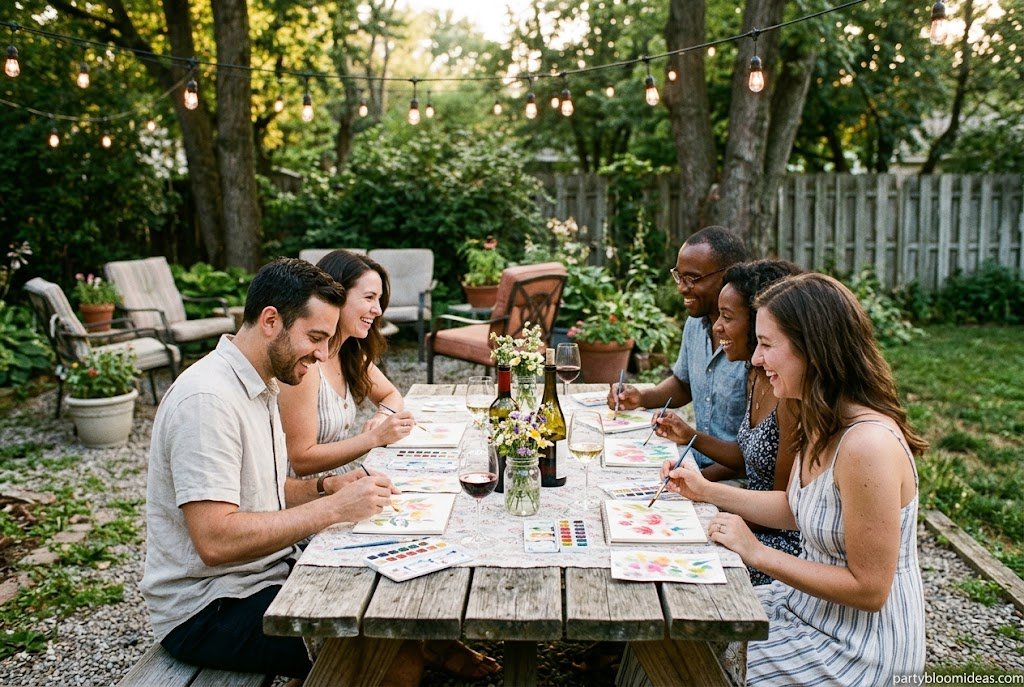 Watercolor painting party with wine, art supplies, and outdoor seating.