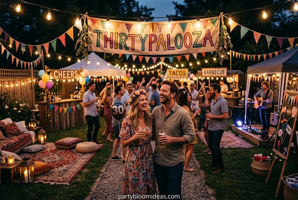 Backyard festival birthday party with string lights, food stations, and outdoor seating.