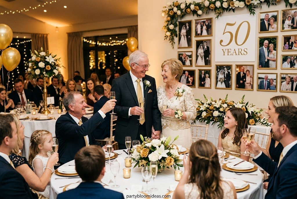 Golden 50th wedding anniversary celebration with multiple generations of family