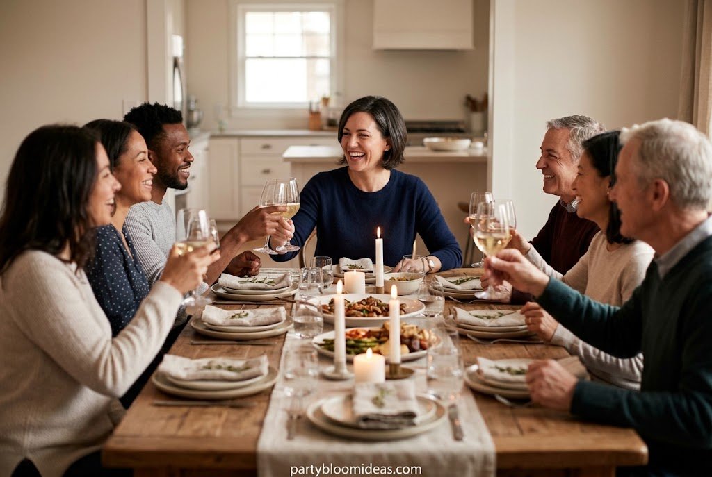 Dinner party timeline with appetizers, main course, and dessert served in a relaxed sequence.