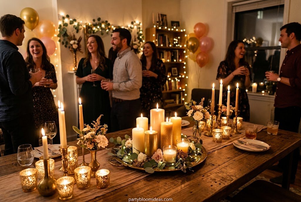 Cluster of pillar candles arranged together on a shelf for warm party ambiance.