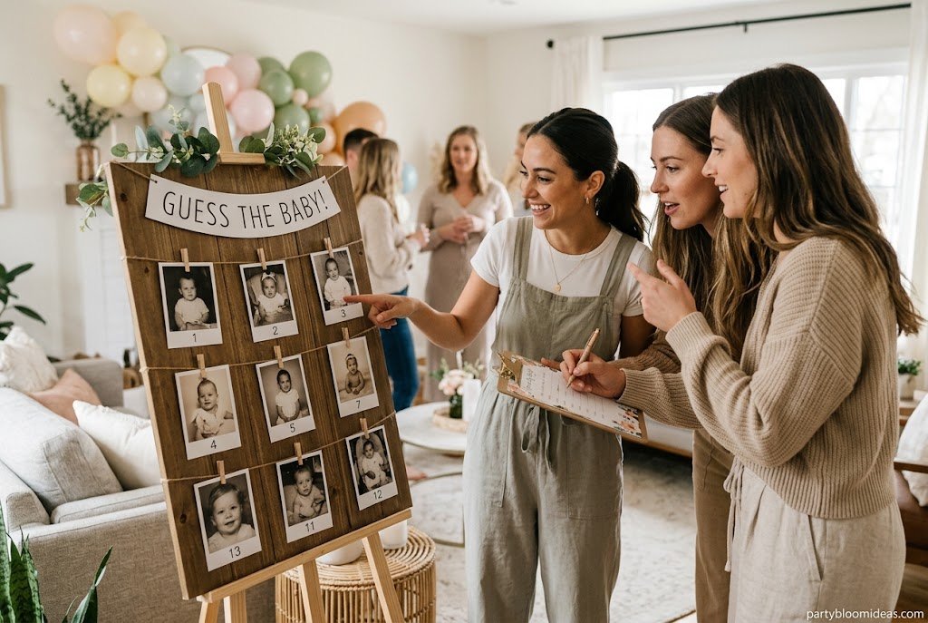 Baby photos displayed on a board as guests try to match each picture to the correct person.