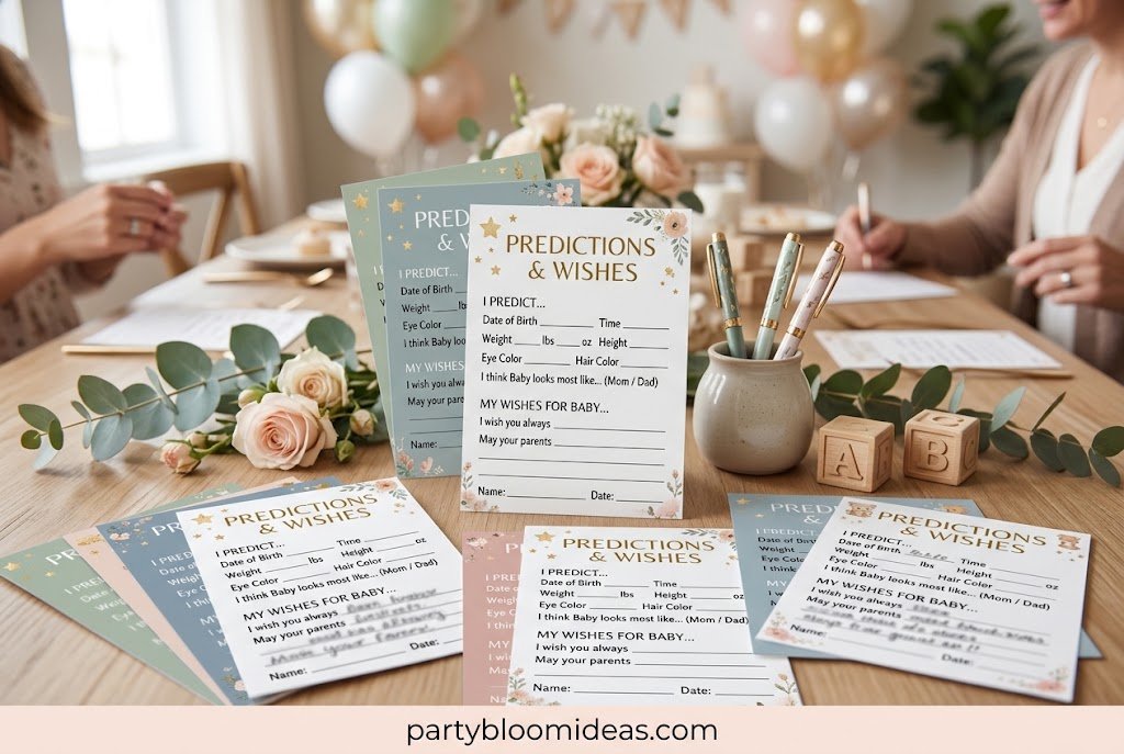 Baby shower guests writing heartfelt wishes and baby predictions on keepsake cards.
