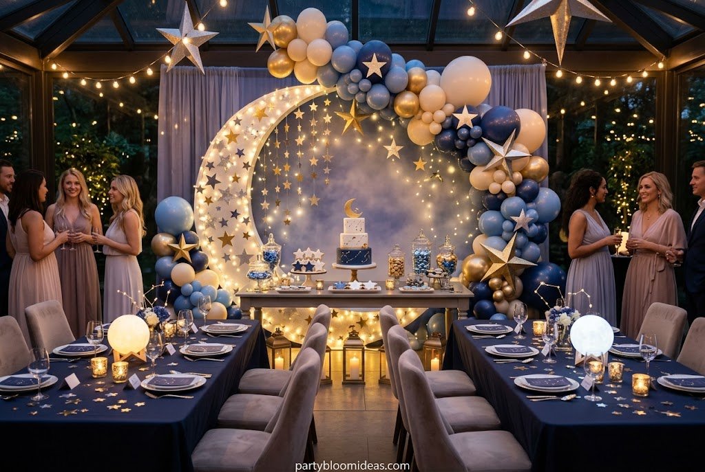 Celestial baby shower decorations featuring moon, stars, and navy gold colors
